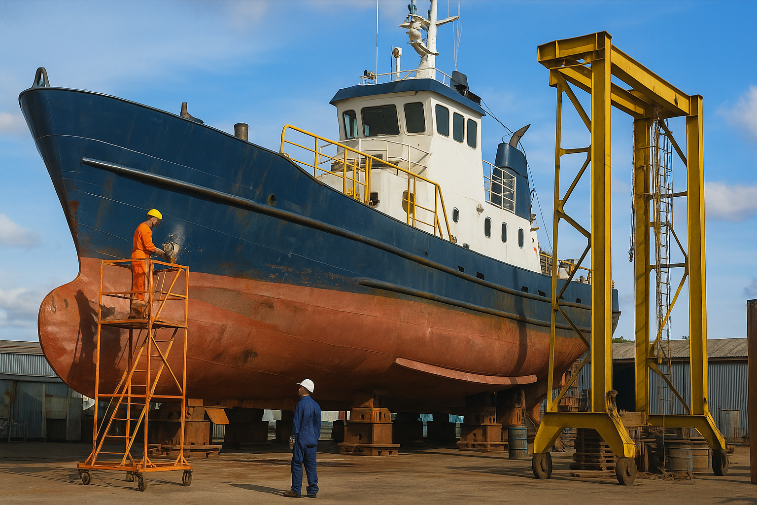 Trabalhadores realizam reforma em embarcação em estaleiro com guindaste amarelo ao fundo.