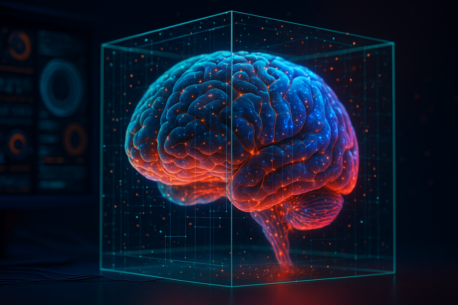 Cérebro digital em cubo holográfico com interface tecnológica futurista