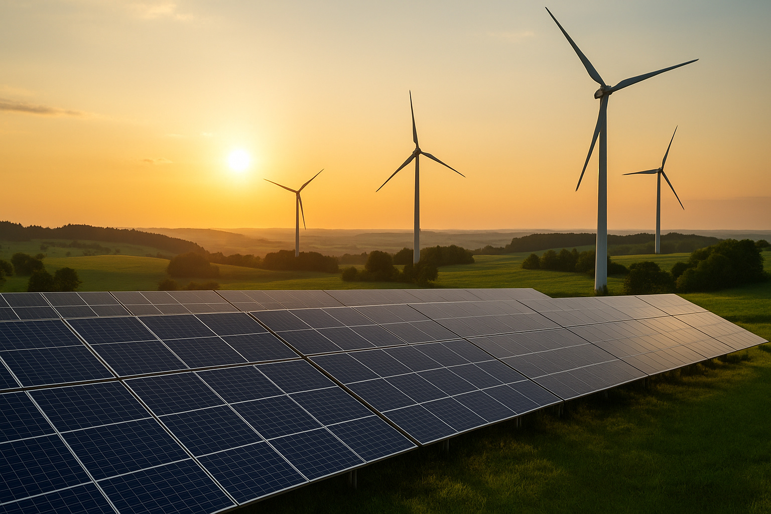 Painéis solares e turbinas eólicas em um campo ao pôr do sol, representando energia renovável.