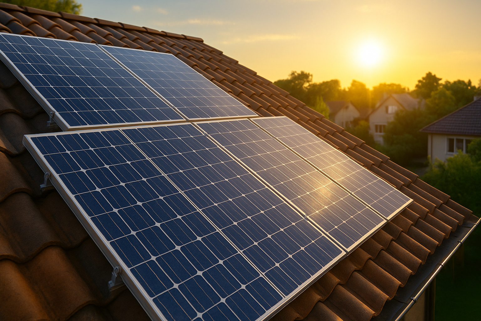 Painéis solares instalados no telhado de uma casa ao pôr do sol.