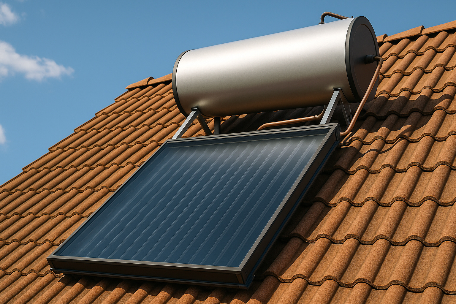 Sistema de energia solar térmica instalado em telhado com coletor solar e reservatório de água aquecida.