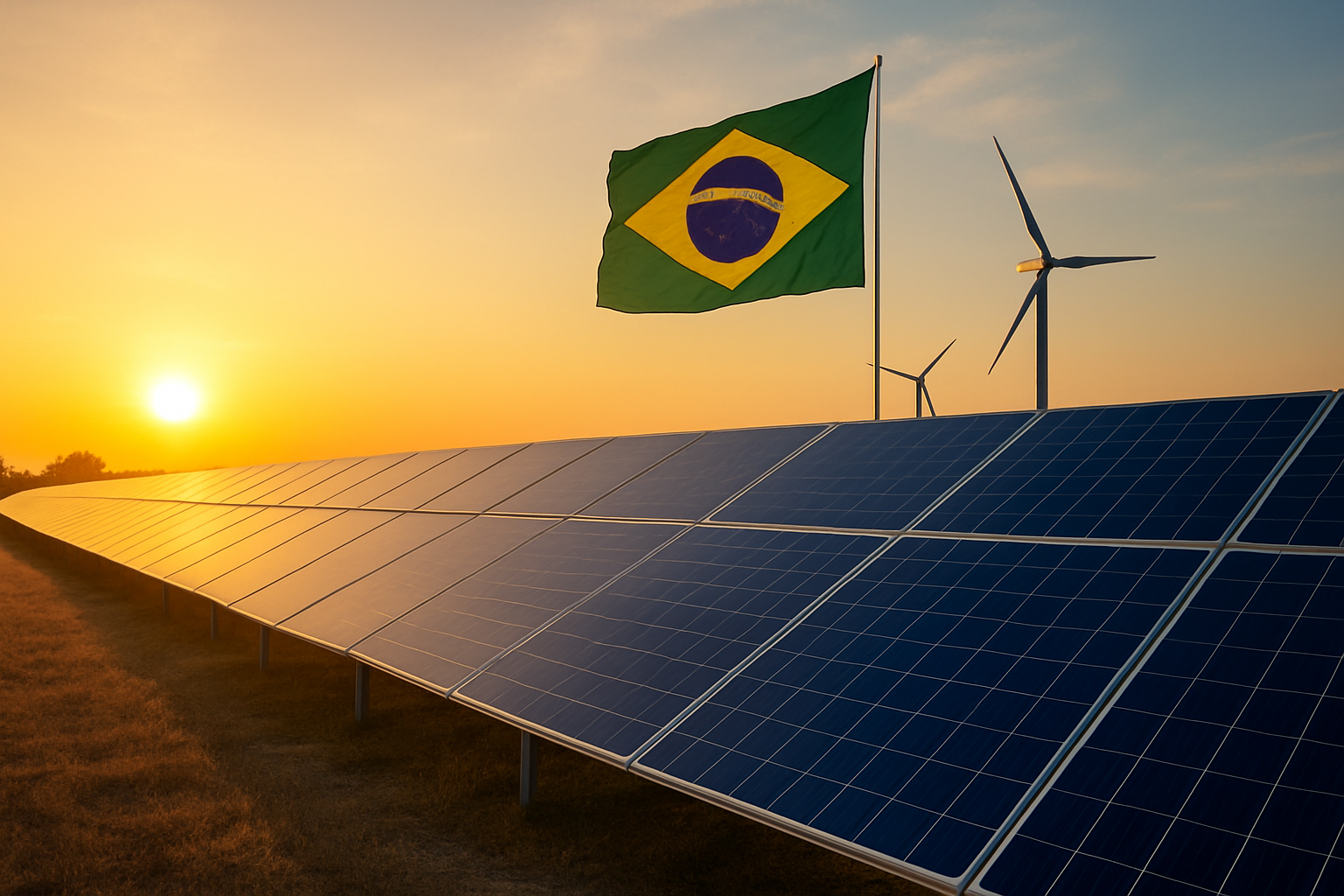 Painéis solares ao pôr do sol no Brasil com bandeira nacional e turbinas eólicas ao fundo