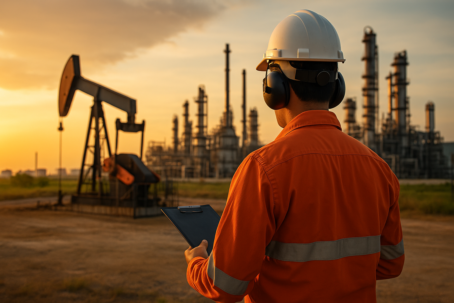Trabalhador da indústria petrolífera observa refinaria e bomba de extração ao pôr do sol.