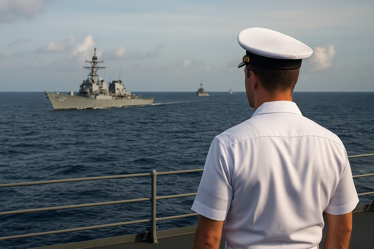 Oficial da Marinha observa navios de guerra no oceano durante missão naval