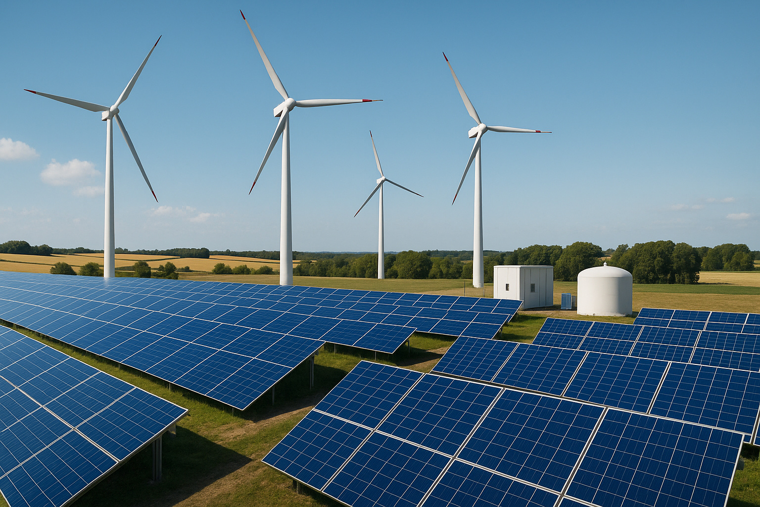 Painéis solares e turbinas eólicas em funcionamento em uma área rural durante o dia.