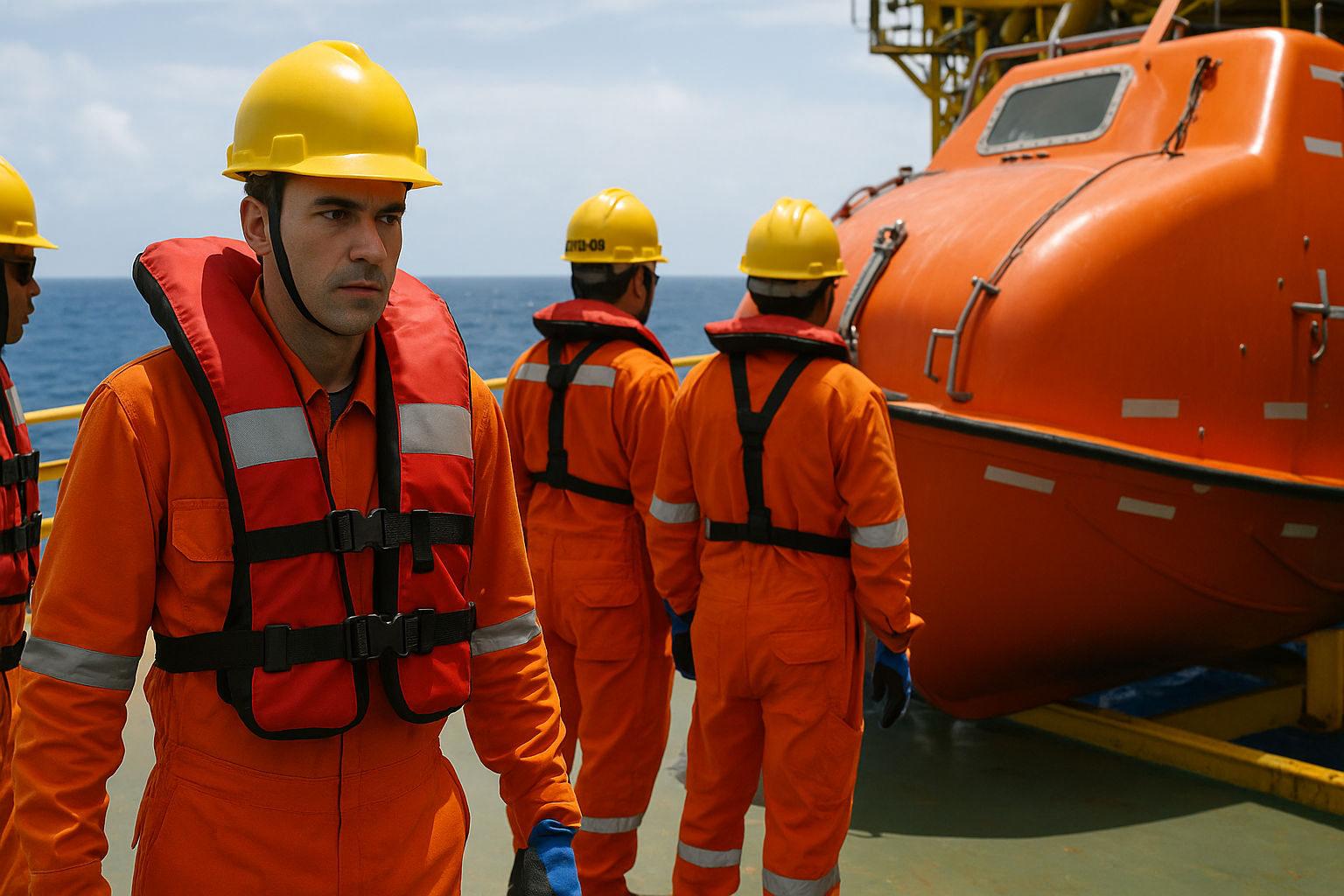 Trabalhadores offshore em treinamento de segurança ao lado de bote salva-vidas em plataforma marítima.