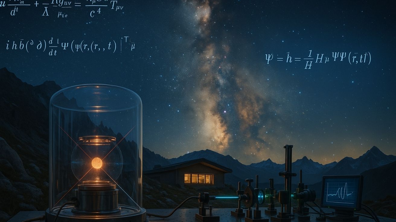 Laboratório ao ar livre com experimento de gravidade quântica, nanopartícula levitada em câmara de vácuo e Via Láctea visível no céu noturno