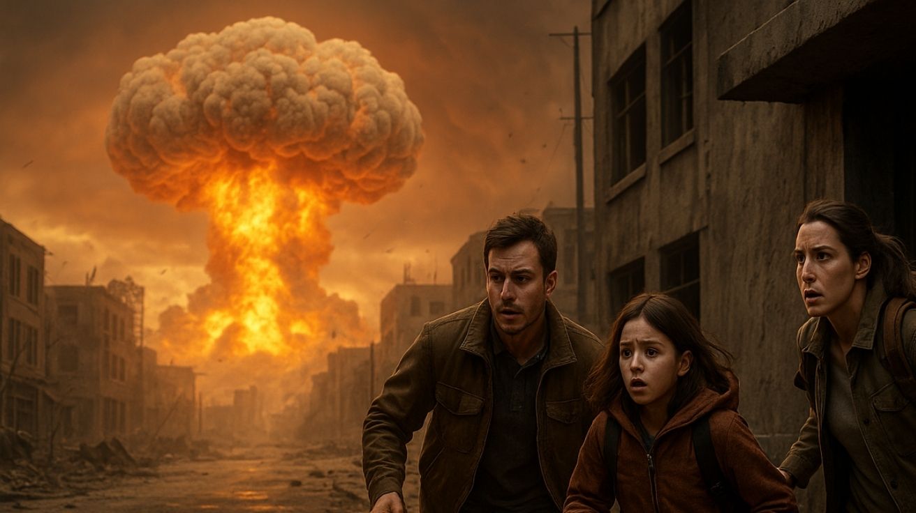 Cena realista mostra uma família em desespero correndo por uma rua destruída para se abrigar após um ataque nuclear. Ao fundo, uma imensa nuvem em forma de cogumelo se ergue no horizonte, iluminando a cidade devastada por radiação e escombros. A imagem simboliza os primeiros 10 minutos cruciais para a sobrevivência em um cenário de detonação nuclear.
