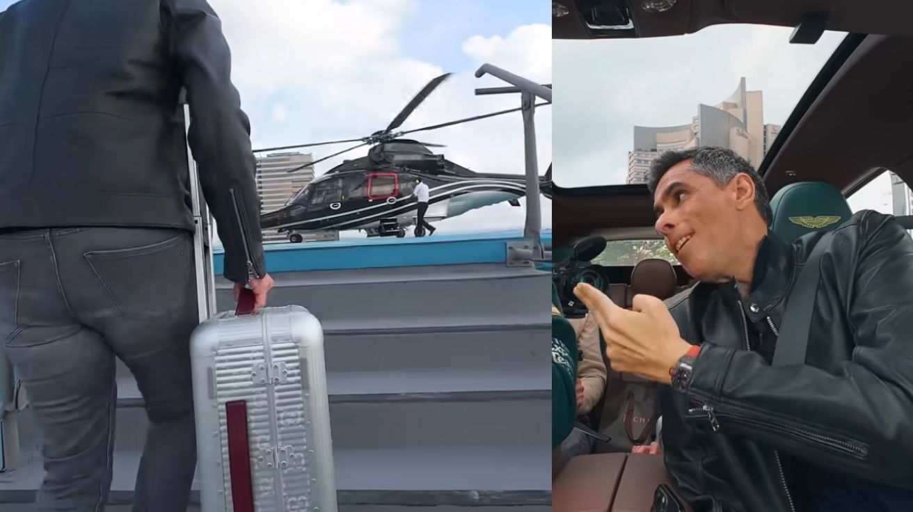 Montagem mostra Flávio Augusto, empresário bilionário, carregando uma mala ao embarcar em helicóptero particular, ao lado de cena em que conversa dentro de um carro de luxo com teto solar, representando a rotina de deslocamentos rápidos, compromissos estratégicos e decisões de alto impacto nos bastidores de seus negócios.