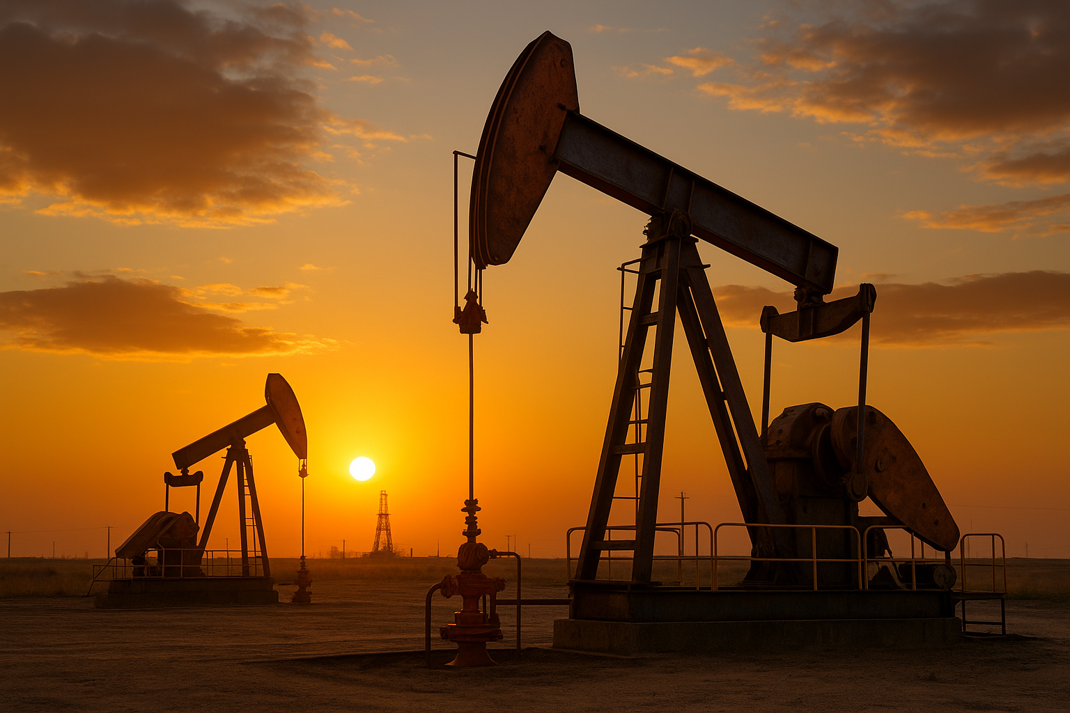 Bombas de extração de petróleo em campo aberto ao pôr do sol