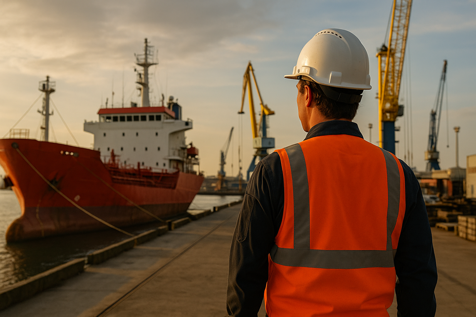 Trabalhador da indústria naval observa navio cargueiro atracado no porto ao entardecer.