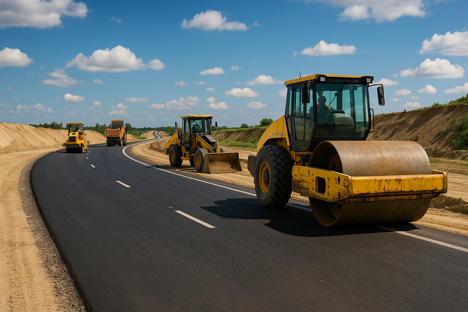Equipamentos de construção trabalham na pavimentação de uma rodovia sob céu azul claro.