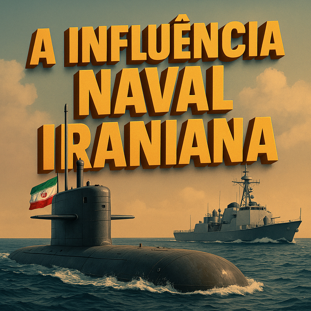 Submarino e navio de guerra da marinha iraniana com a frase "A influência naval iraniana" em destaque