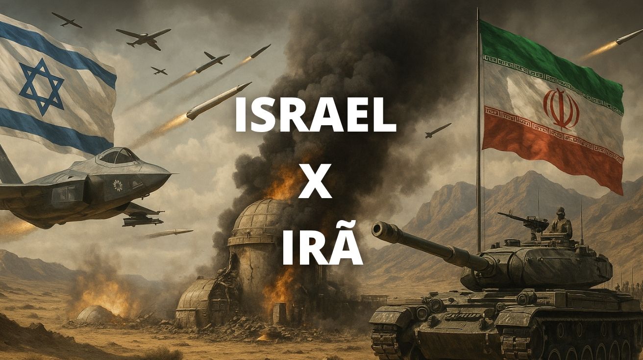 Representação artística do conflito entre Israel x Irã com um caça F-35 israelense em voo, tanques iranianos em solo, explosões e bandeiras dos dois países em destaque. A imagem ilustra o aumento da tensão militar no Oriente Médio em 2025.