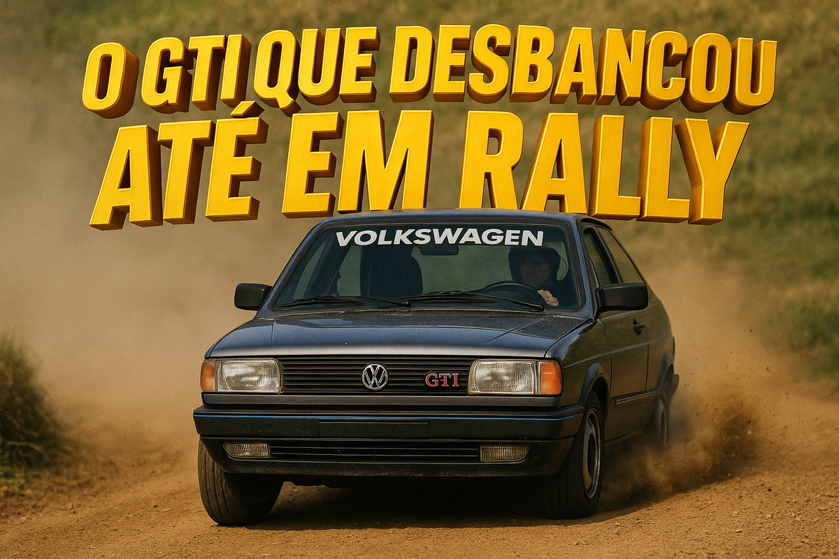 Gol GTI de 1989 em estrada de terra durante teste de desempenho comparado ao modelo de rali oficial.