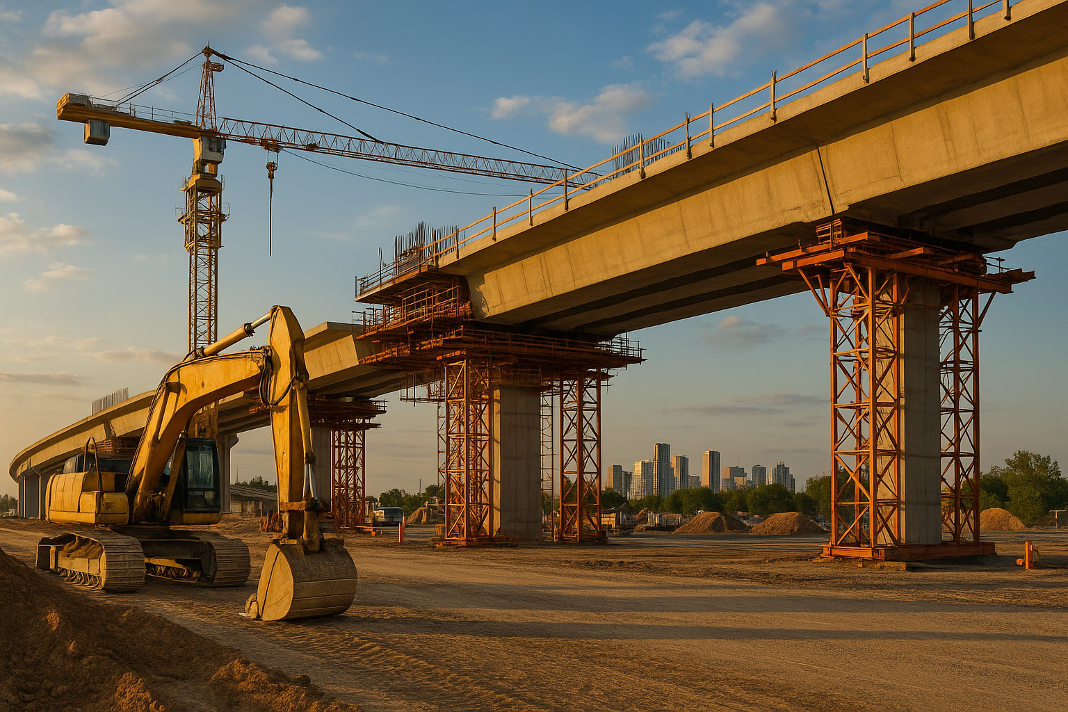 Construção de viaduto com guindaste e escavadeira ao entardecer