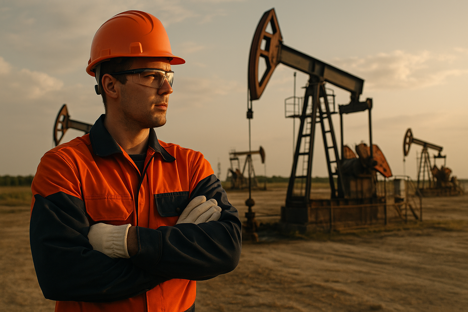 Trabalhador da indústria petrolífera em campo de extração com bombas de petróleo ao fundo.