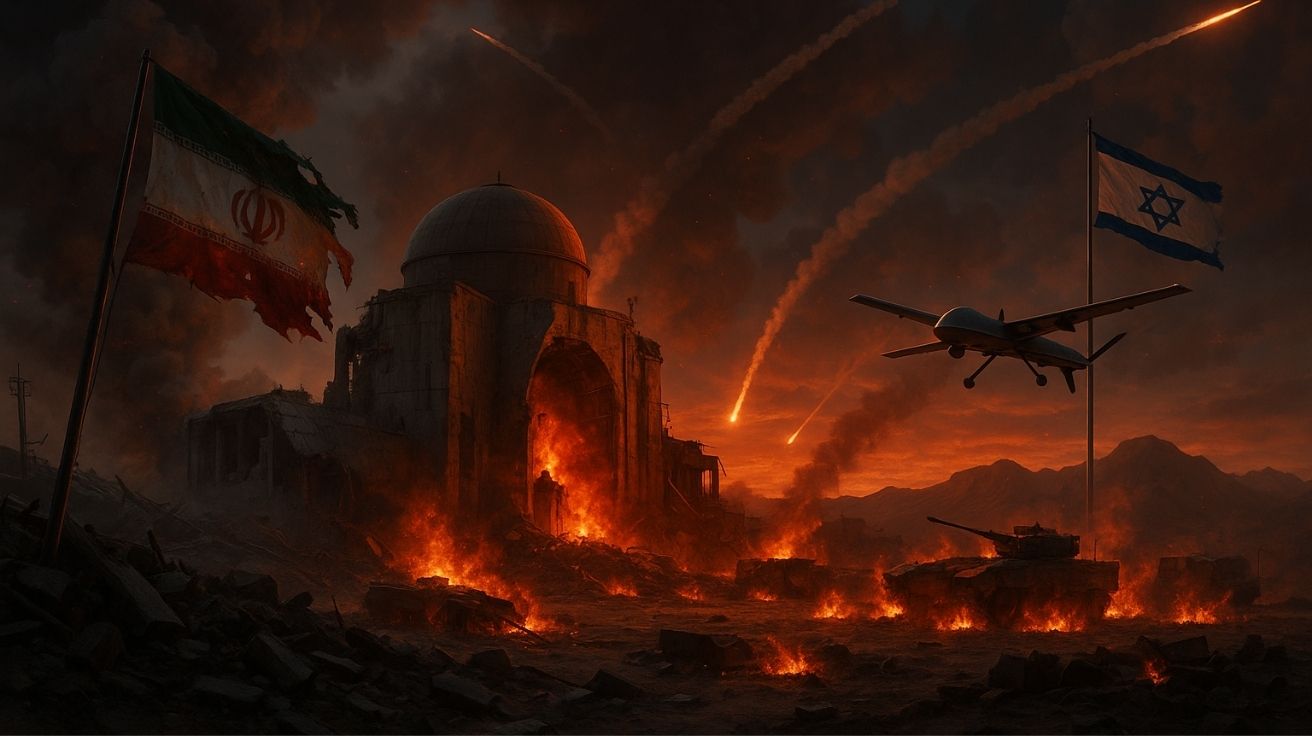 Explosões em instalação nuclear no Irã atingida por mísseis israelenses, com bandeiras do Irã e Israel, drone em voo e destruição ao redor