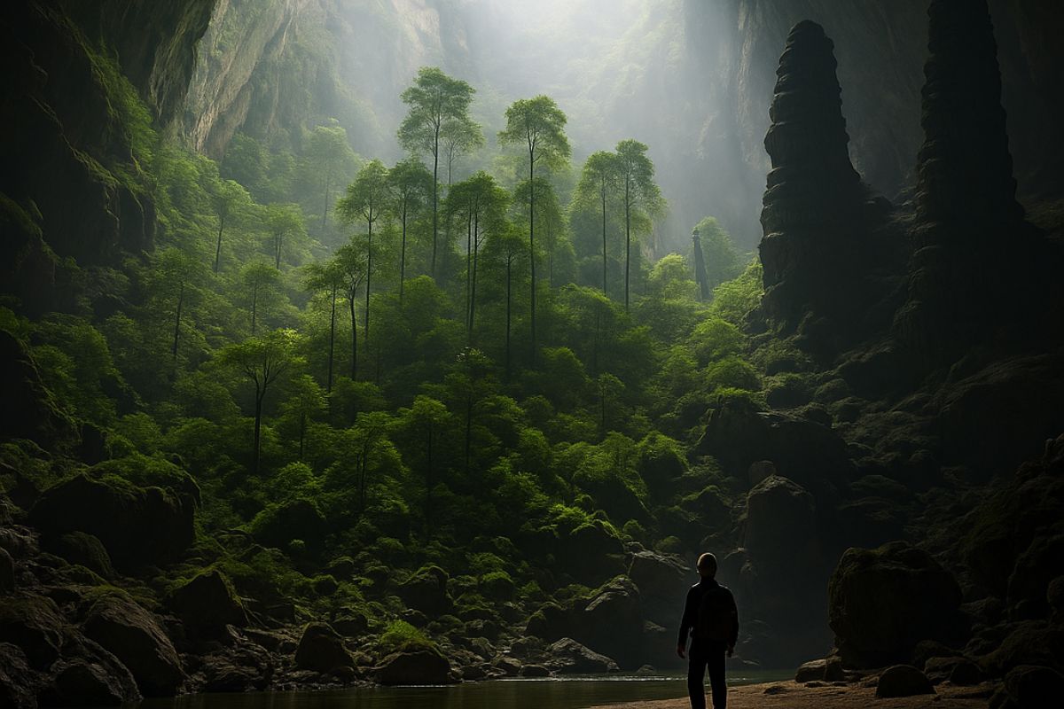 Explorador observando floresta tropical dentro da caverna Son Doong, a maior do mundo, com luz natural entrando pelo teto.