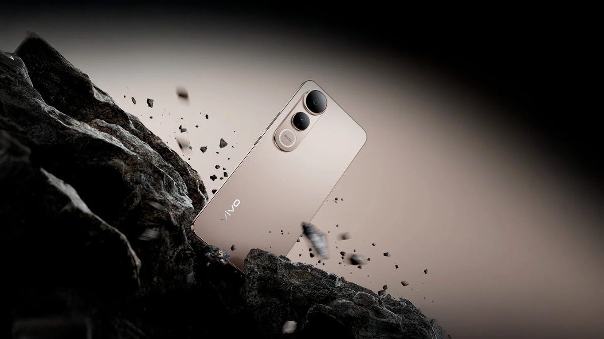 Smartphone Vivo em destaque com fundo rochoso e visual moderno