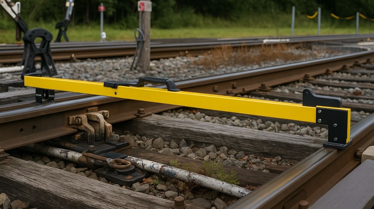 Equipamento de medição de bitola ferroviária mostrando a diferença entre trilhos padrão europeu e bitola larga russa