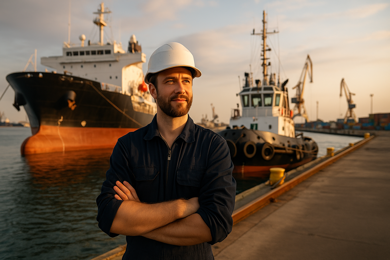 Profissional do setor naval com capacete em estaleiro, com navio cargueiro e rebocador ao fundo.
