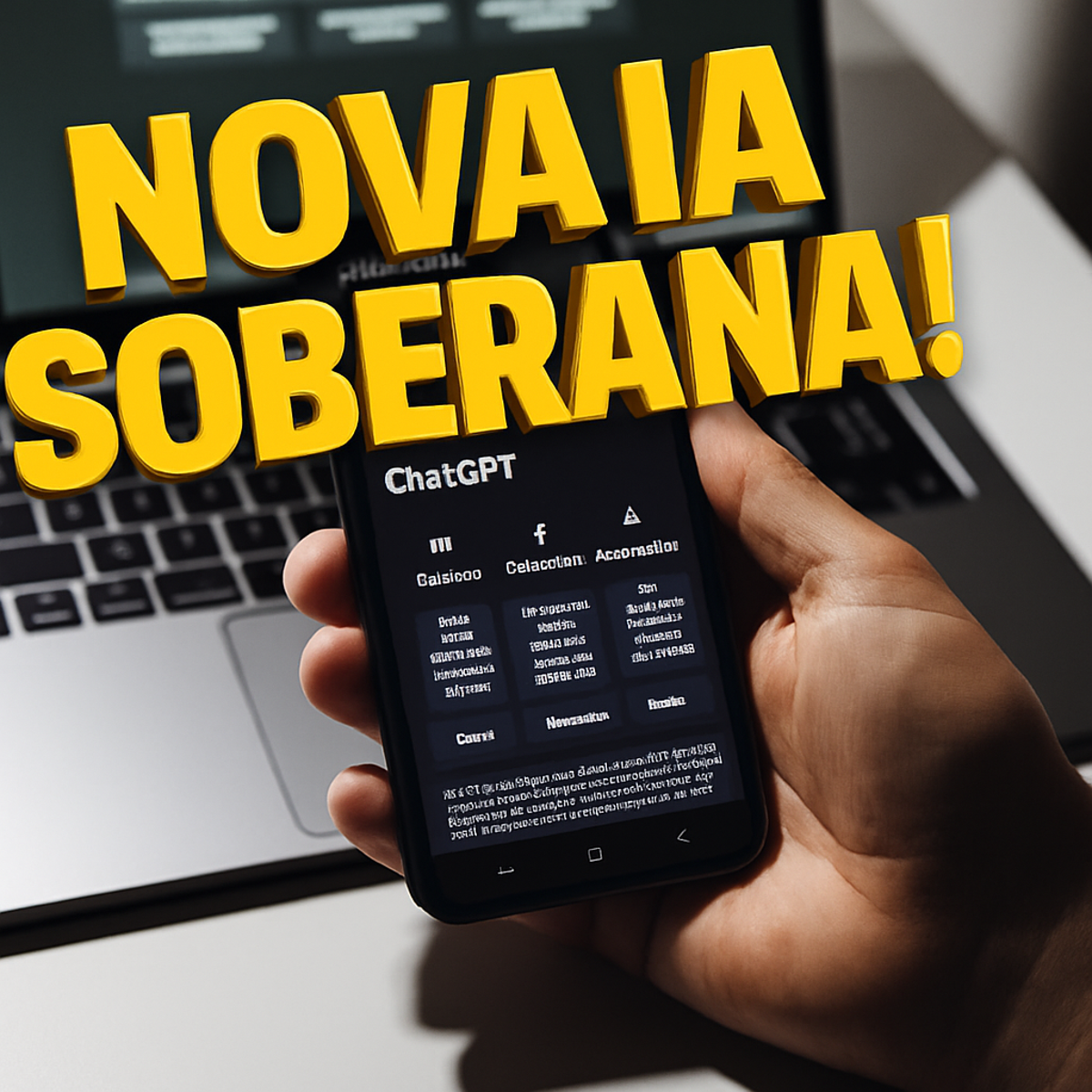 Pessoa segura smartphone com interface de IA generativa e frase “NOVA IA SOBERANA!” em 3D sobre imagem realista