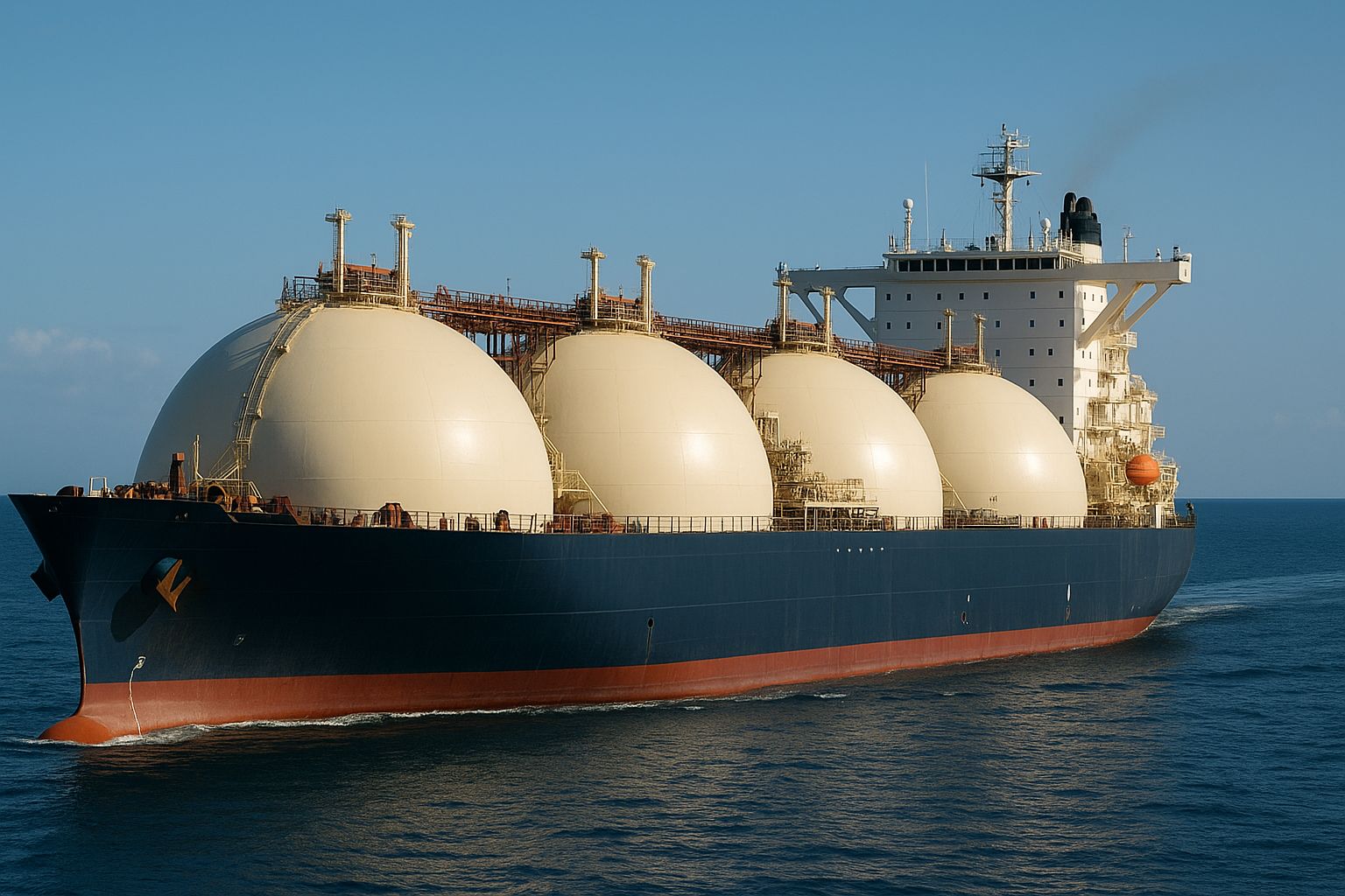 Navio gaseiro transportando GNL em alto-mar sob céu limpo.