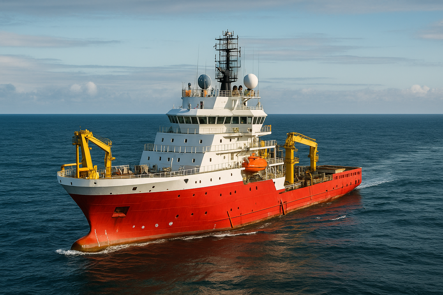 Navio offshore vermelho navegando em mar aberto sob céu claro.