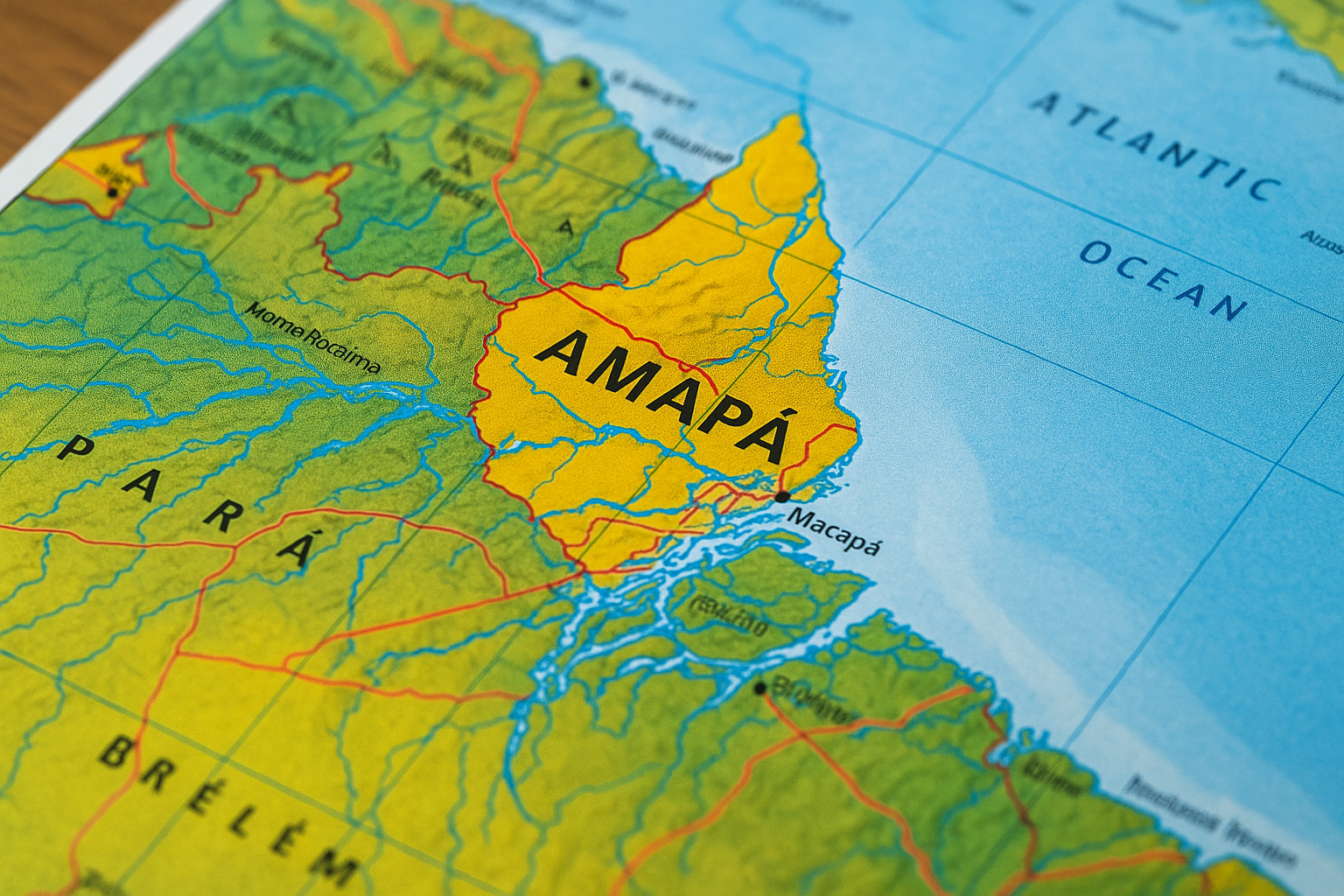 Mapa detalhado e colorido do estado do Amapá, com destaque para Macapá e limites geográficos.