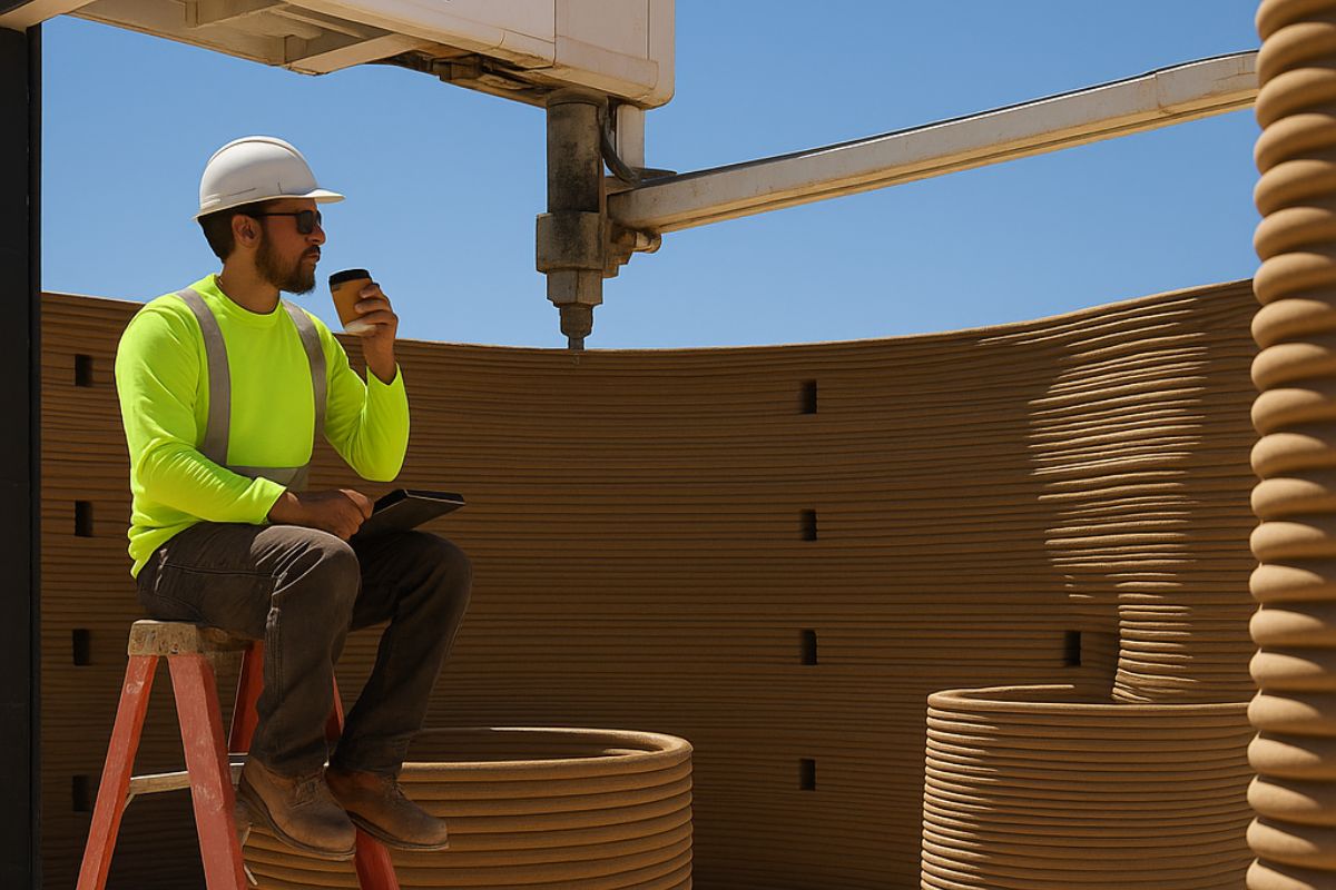 Engenheiro com capacete e colete refletivo toma café sentado em escada durante a construção com impressora 3D de grande escala no deserto do Texas.