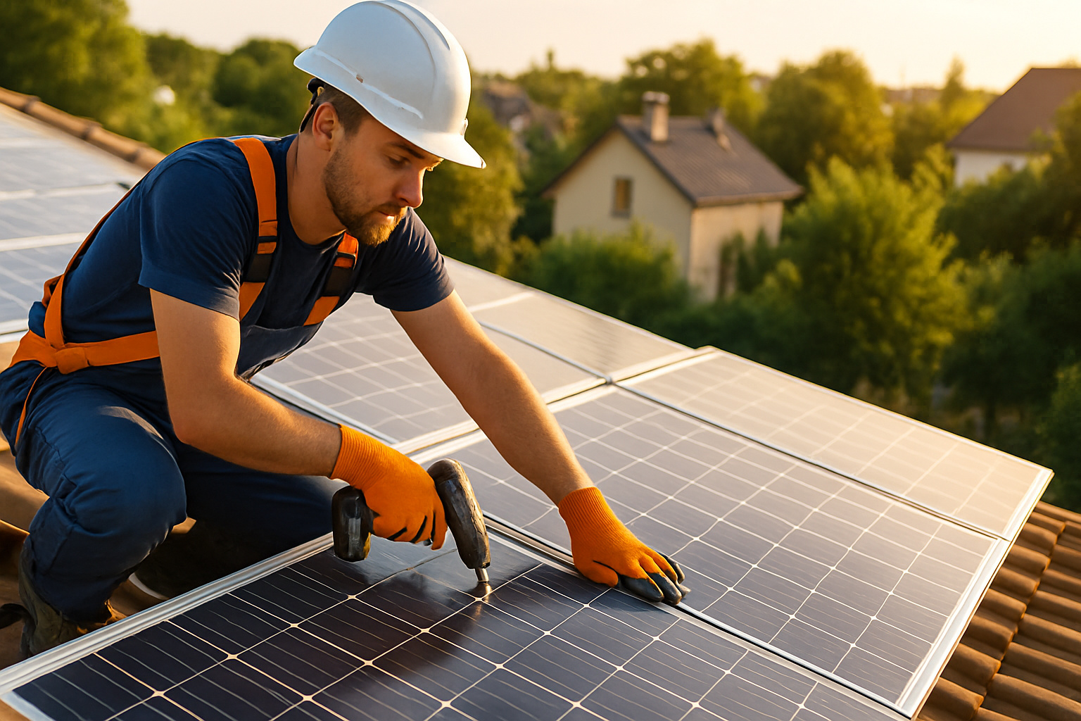 Técnico instala painéis solares no telhado de uma casa ao entardecer.