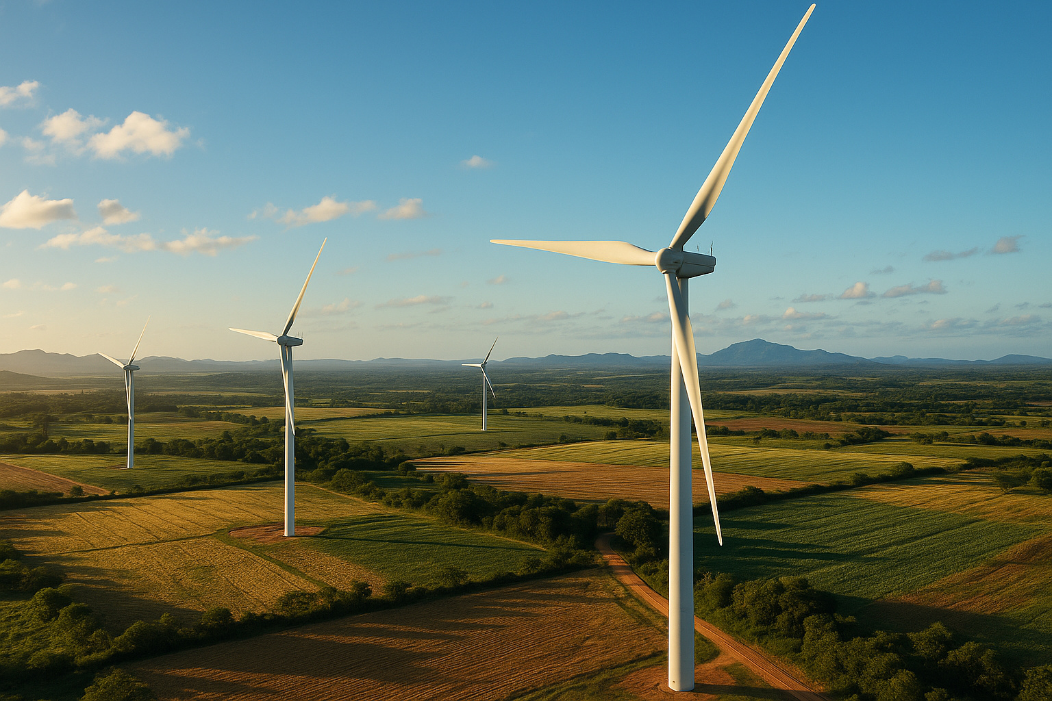 Turbinas eólicas em campo aberto no Brasil durante o pôr do sol