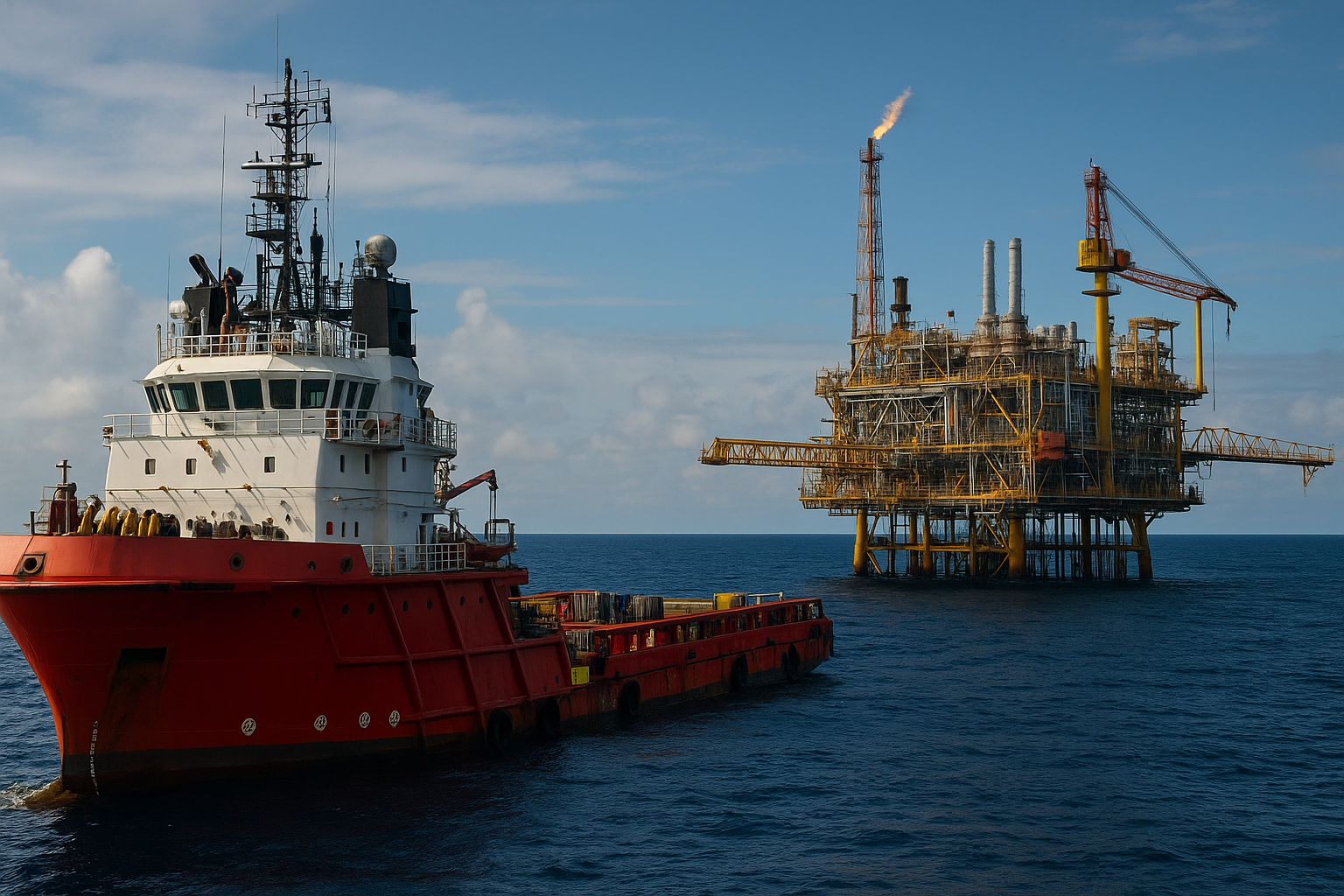 Embarcação de suprimento vermelha próxima a uma plataforma de petróleo offshore em pleno oceano.