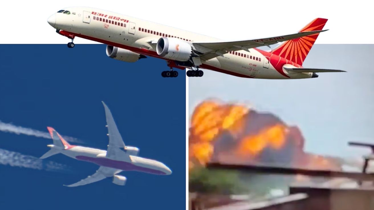 Boeing 787 da Air India em voo e momento da explosão após queda em Ahmedabad, na Índia