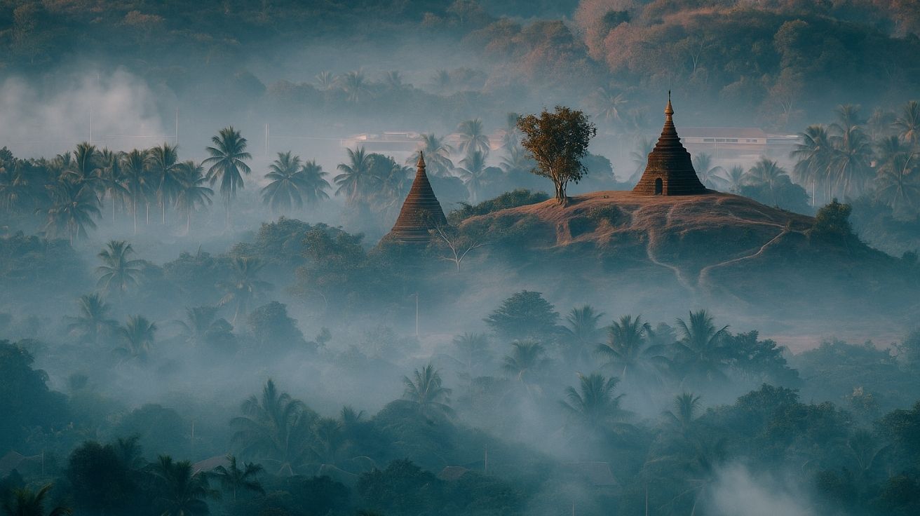 Paisagem arqueológica da antiga cidade bizantina de Tharais coberta por névoa ao amanhecer, cercada por templos e vegetação tropical densa