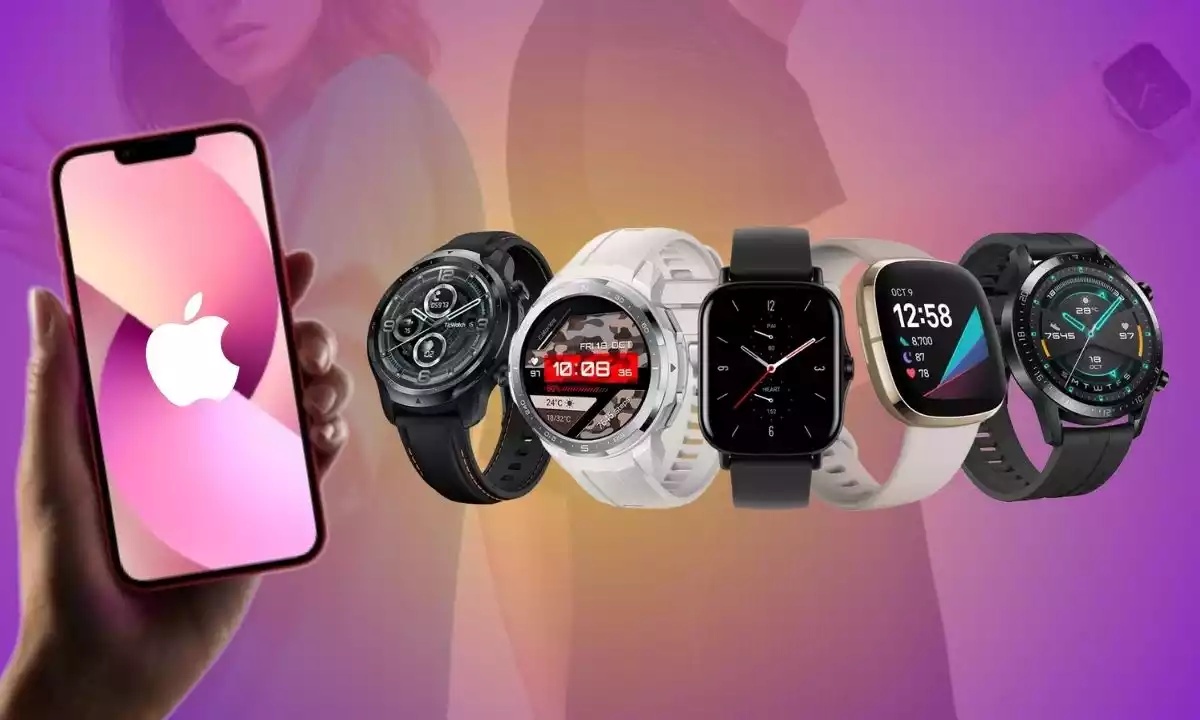 Smartwatches compatíveis com iPhone ao lado de smartphone Apple