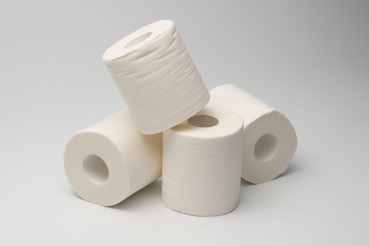 Quatro rolos de papel higiênico branco dispostos casualmente sobre um fundo branco.