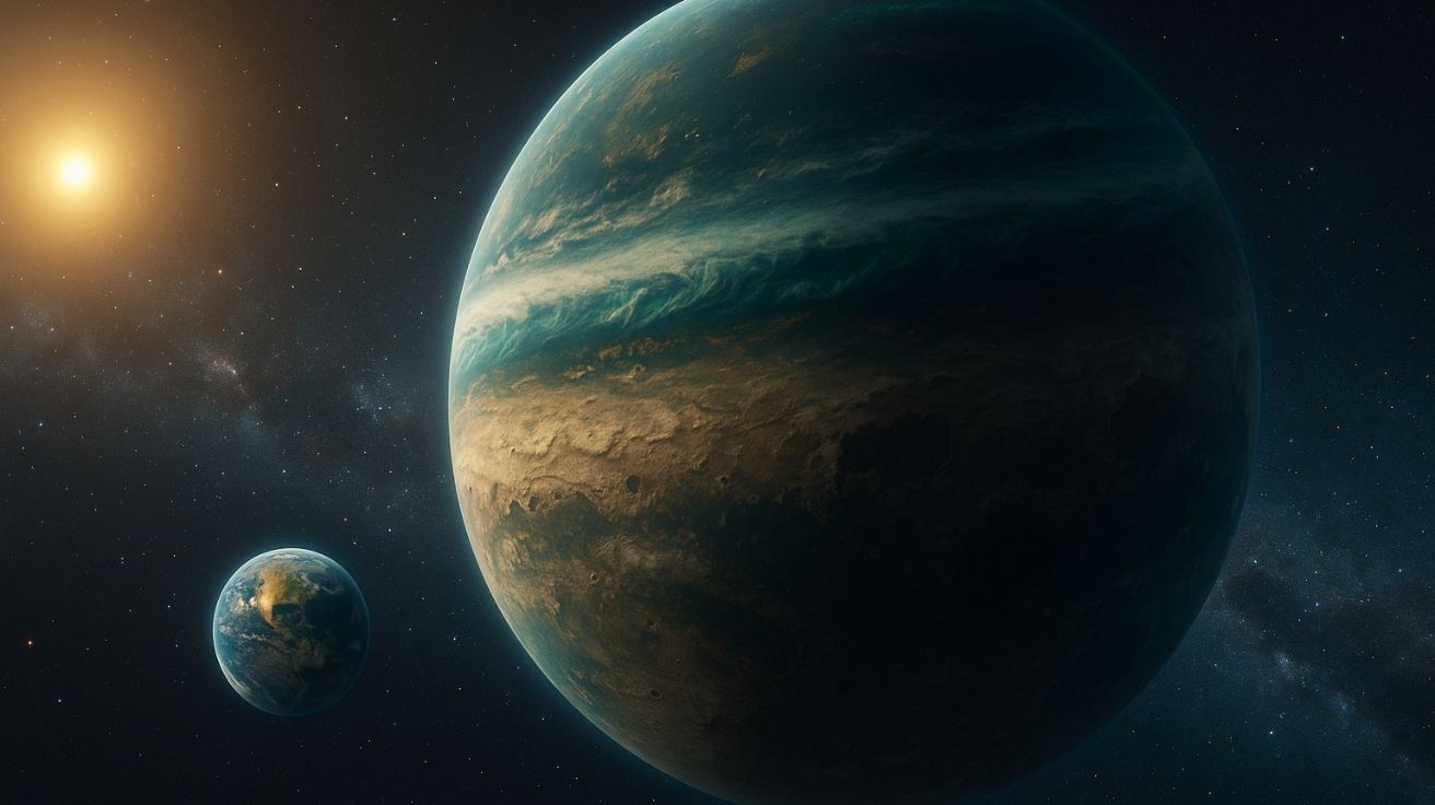 Comparação entre a Terra e um exoplaneta super-Terra com 10 vezes seu tamanho, orbitando uma estrela semelhante ao Sol em um cenário espacial realista