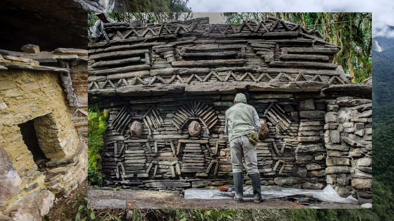 Pesquisador realiza restauração em parede de pedra com frisos geométricos e rostos humanos esculpidos, parte das ruínas de Gran Pajatén na floresta nublada do Peru
