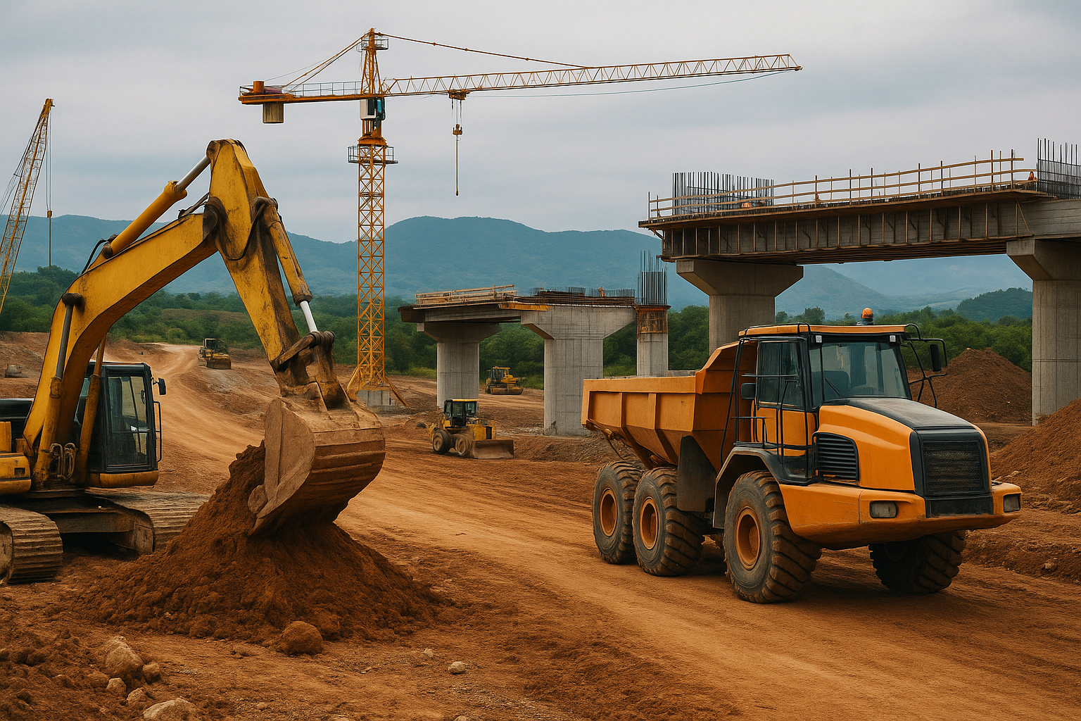 Obra de construção civil pesada com escavadeira, caminhão basculante e ponte em construção ao fundo.