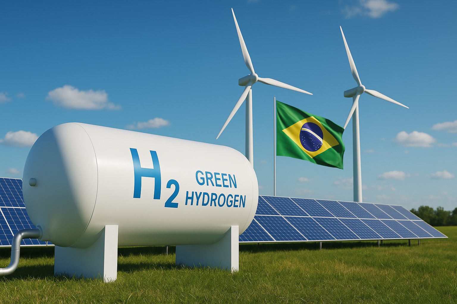 Tanque de hidrogênio verde com painéis solares, turbinas eólicas e bandeira do Brasil ao fundo.