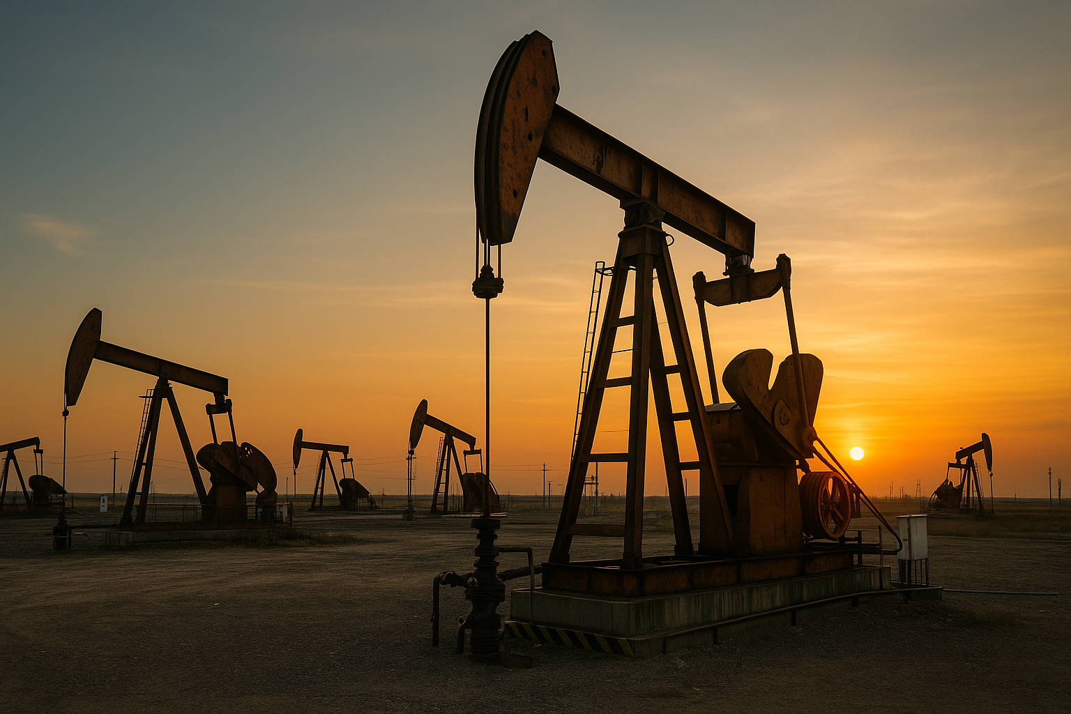 Campo de extração de petróleo com várias bombas de extração em operação ao pôr do sol.