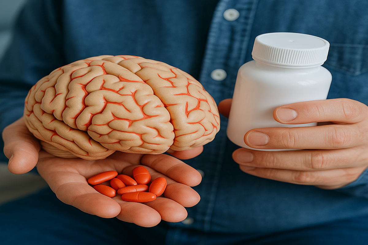 Mão segurando cérebro artificial e comprimidos vermelhos ao lado de um frasco de medicamento branco