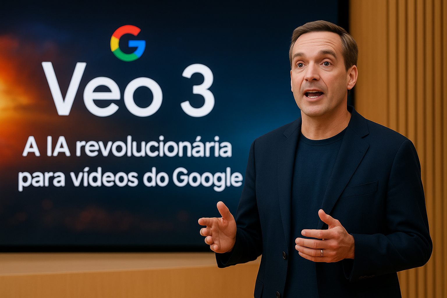Apresentação do Veo 3 pelo Google durante evento com destaque para a IA que cria vídeos realistas com som nativo.