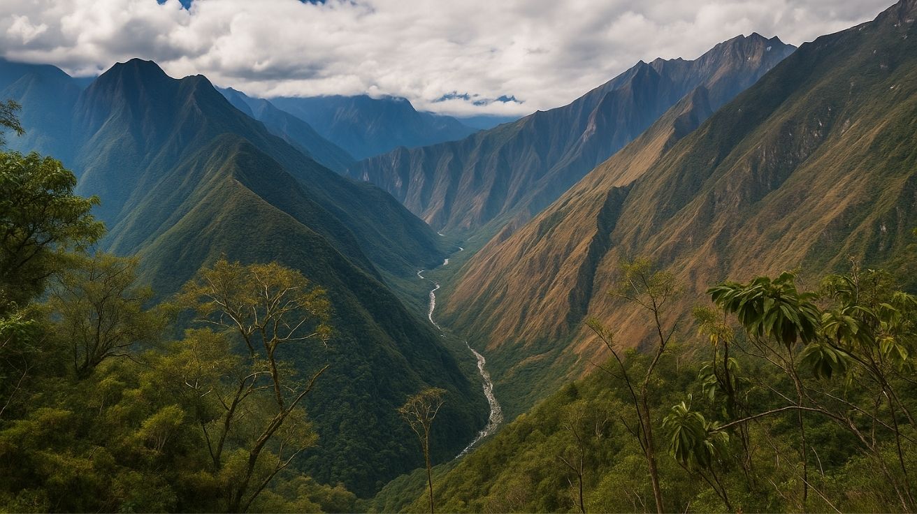 Paisagem hiper realista da Passagem da Mulher Morta na Trilha Inca, com vale sinuoso, vegetação densa e montanhas imponentes sob céu parcialmente nublado