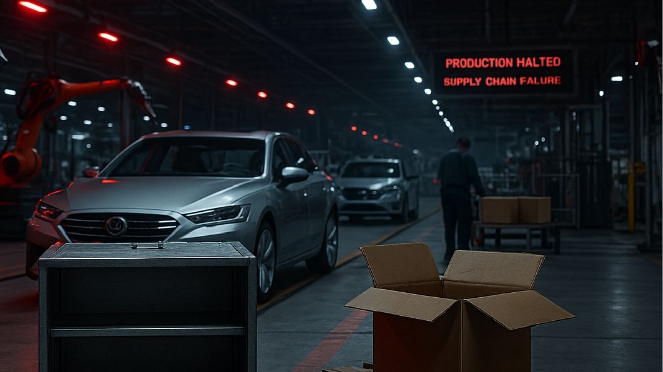 Imagem hiper-realista de uma fábrica de automóveis parcialmente apagada, com robôs industriais paralisados, caixas vazias e clima de colapso logístico