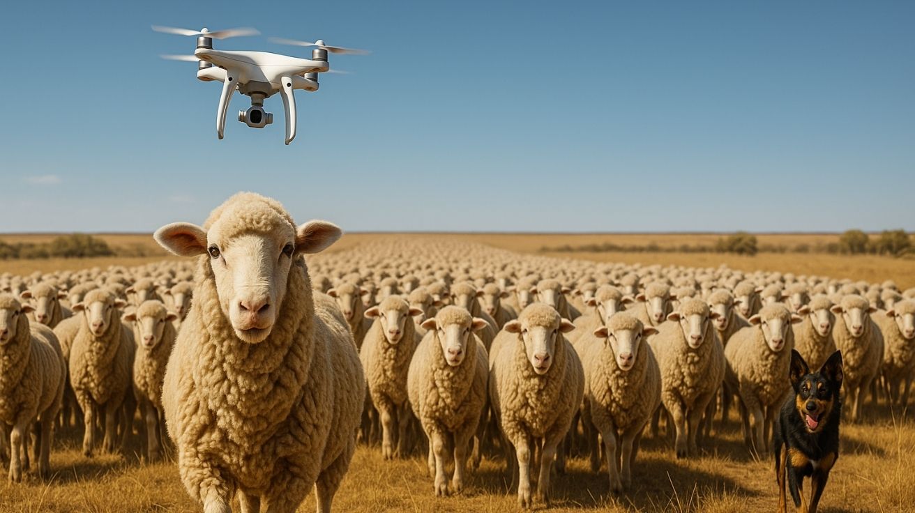 Rebanho de ovelhas merino marchando em campo aberto na Austrália com drone e cão pastor, representando o agronegócio ovino de alta tecnologia