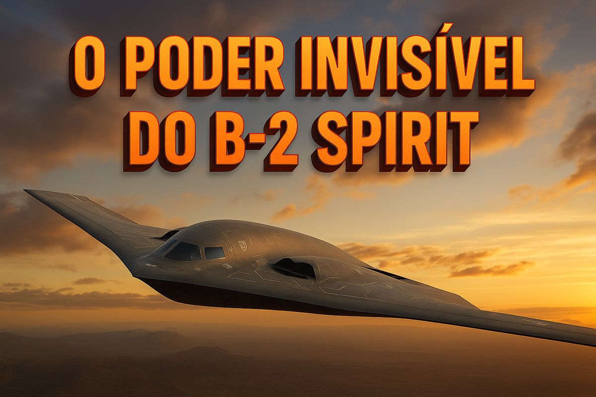 Bombardeiro furtivo B-2 Spirit dos EUA sobrevoa o céu ao entardecer com frase de efeito em destaque