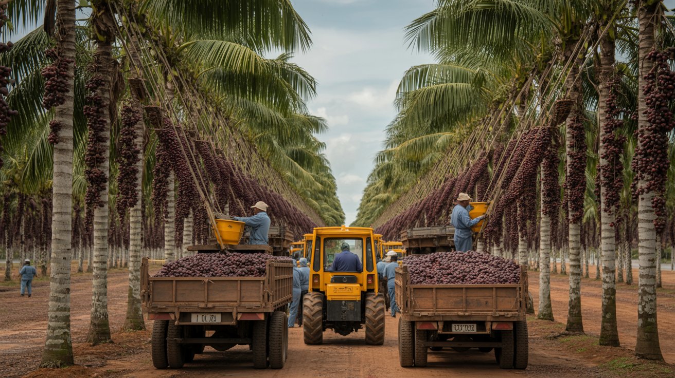 Colheita mecanizada de açaí com tratores e caminhões sob palmeiras carregadas, em plantação simétrica na floresta amazônica.